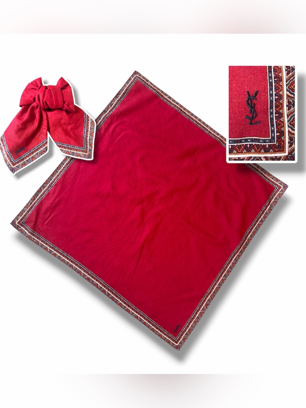 Yves Saint Laurent YSL Square Red Scarf Detailed Paisley Geometric Border Cotton